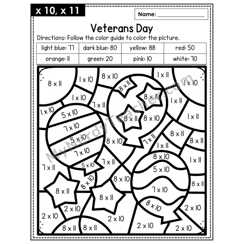 Multiplication Color by Number — x10, x11 — Veteran's Day (Page 7)