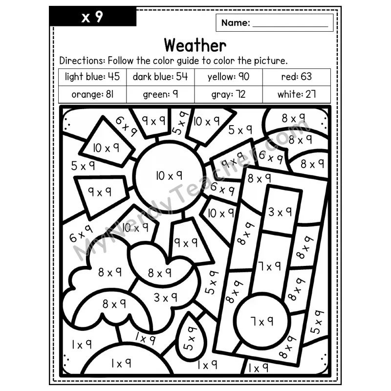 Multiplication Color by Number — x9 — Weather (Page 6)