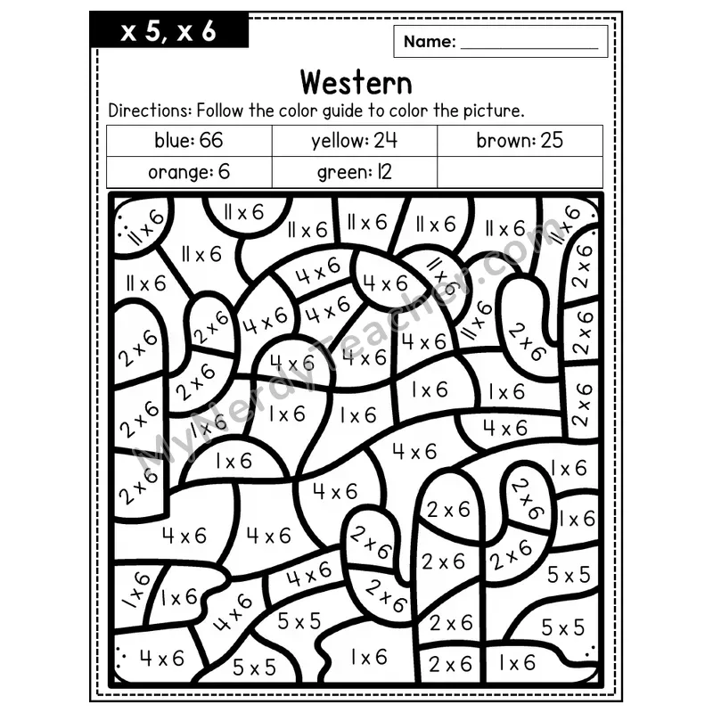 Multiplication Color by Number — x5, x6 — Western (Page 3)