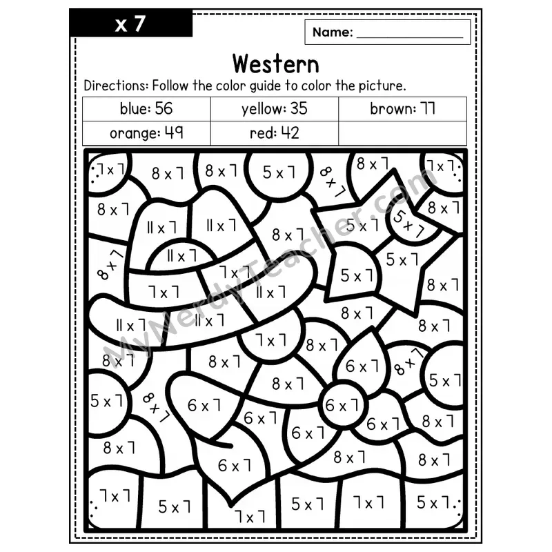 Multiplication Color by Number — x7 — Western (Page 4)