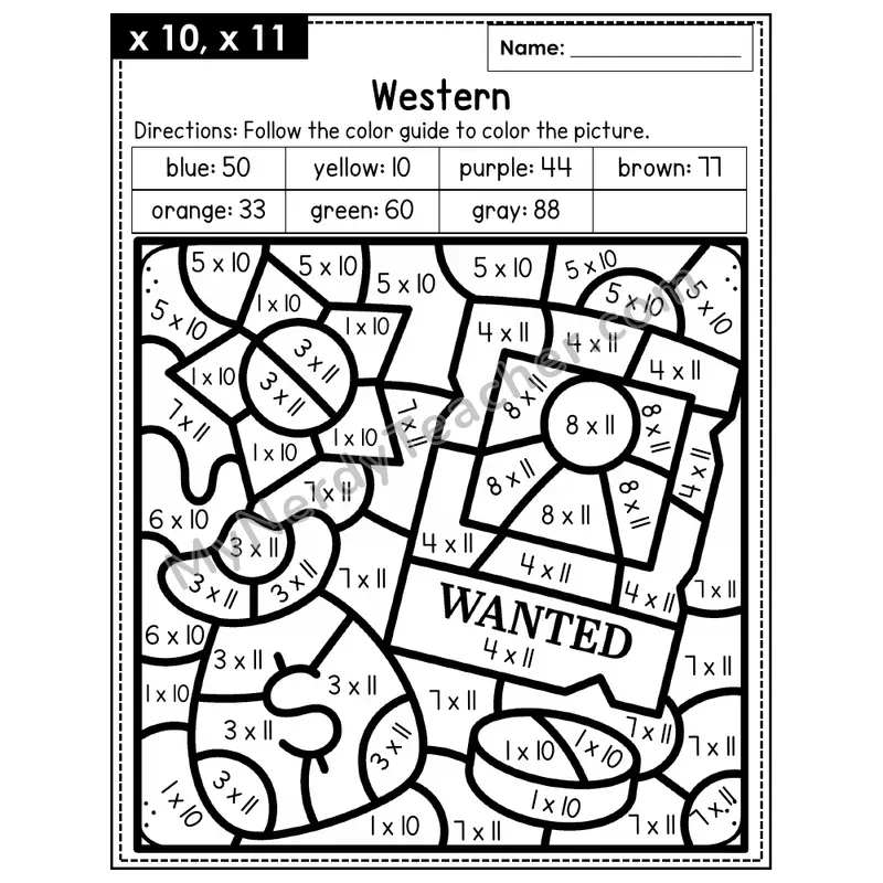 Multiplication Color by Number — x10, x11 — Western (Page 7)