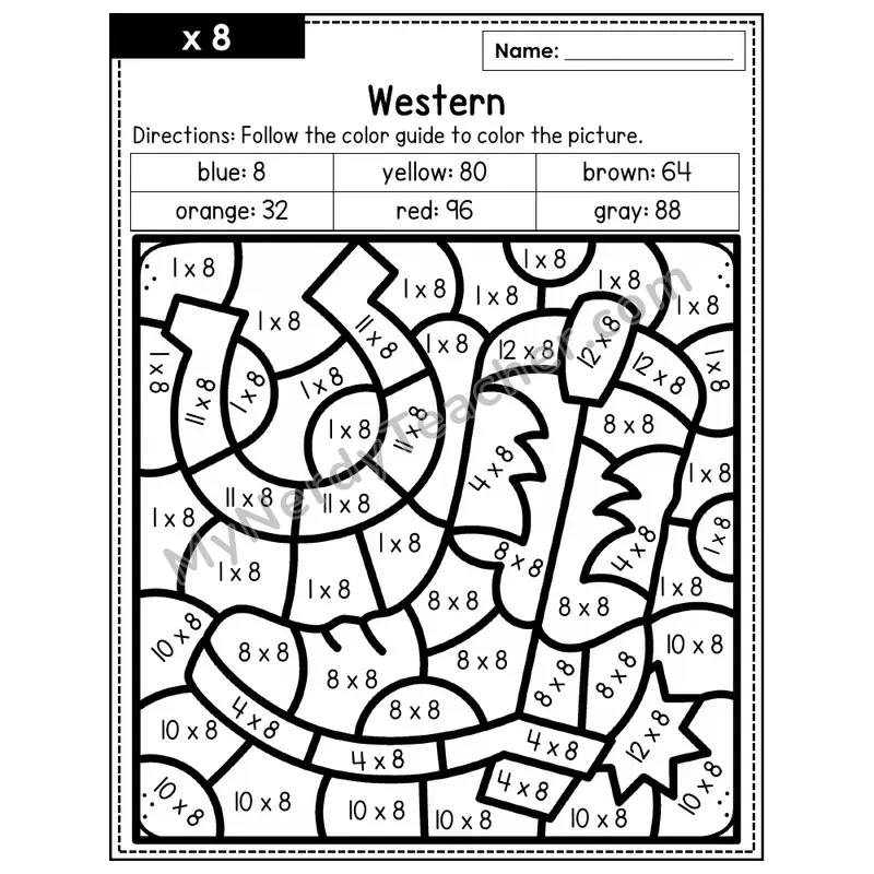 Multiplication Color by Number — x8 — Western (Page 5)