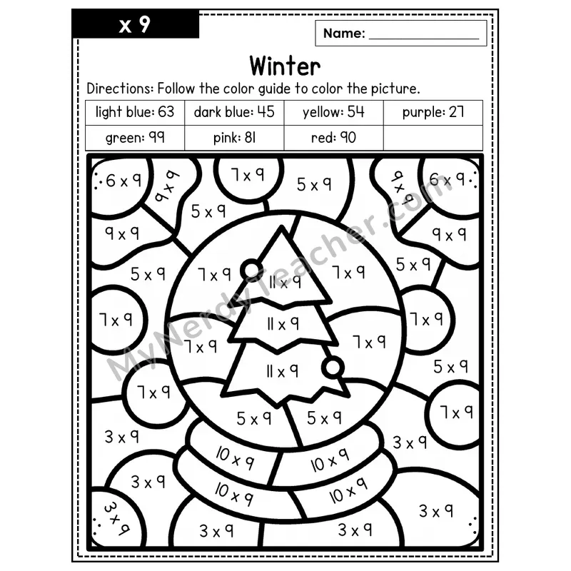 Multiplication Color by Number — x9 — Winter (Page 6)