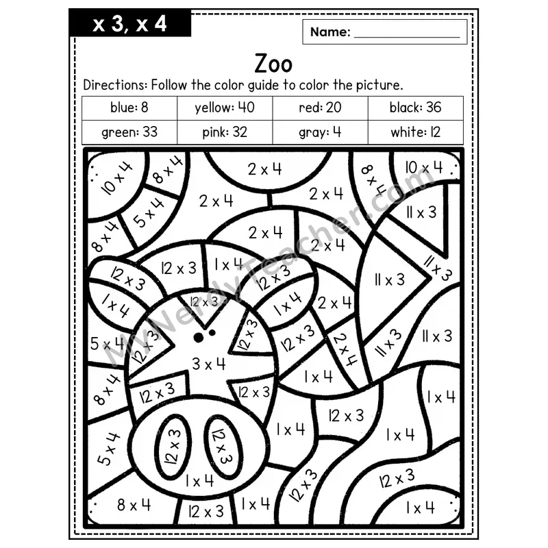 Multiplication Color by Number — x3, x4 — Zoo (Page 2)