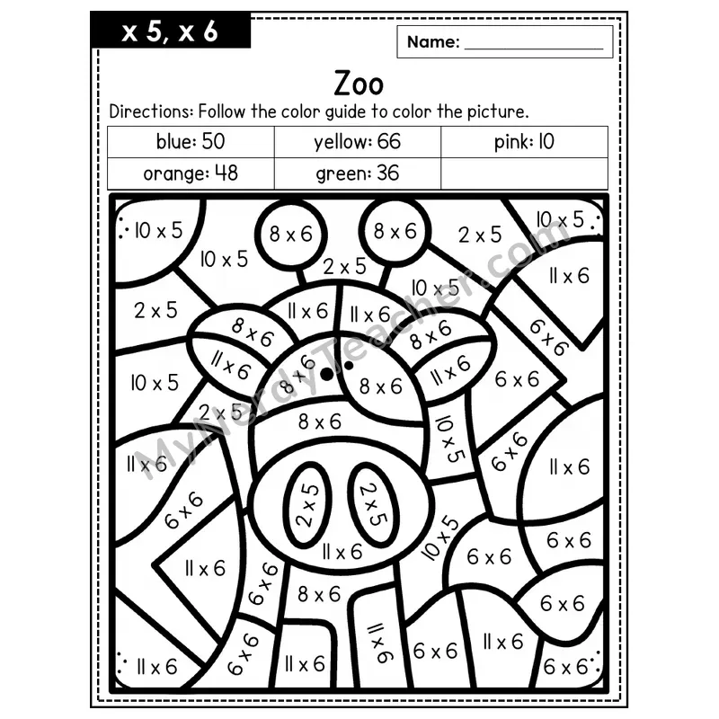 Multiplication Color by Number — x5, x6 — Zoo (Page 3)