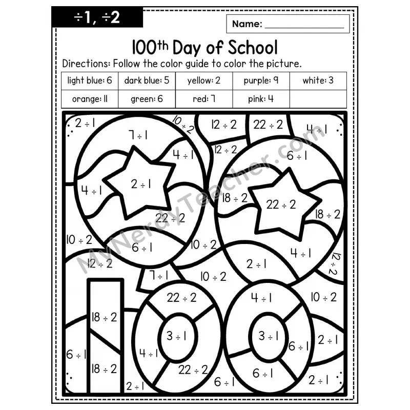 Division Color by Number — ÷1, ÷2 — 100th Day of School (Page 1)