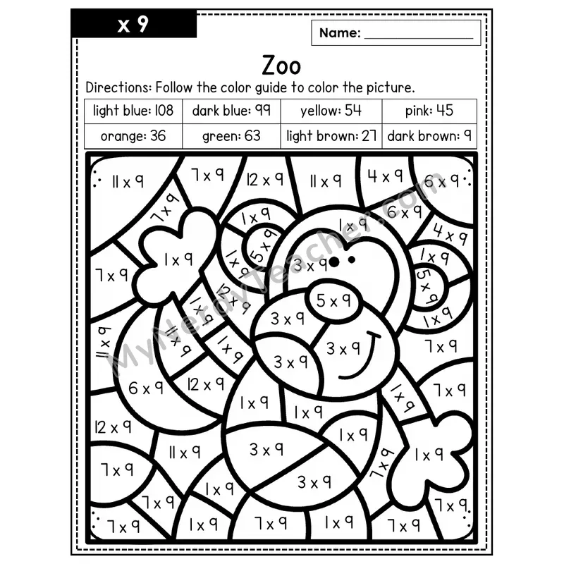 Multiplication Color by Number — x9 — Zoo (Page 6)