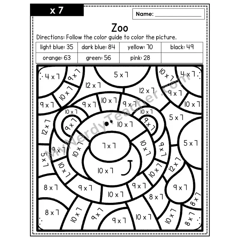 Multiplication Color by Number — x7 — Zoo (Page 4)