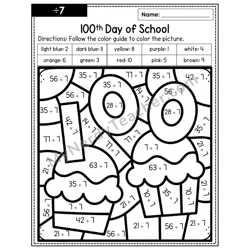Division Color by Number — ÷7 — 100th Day of School (Page 4)