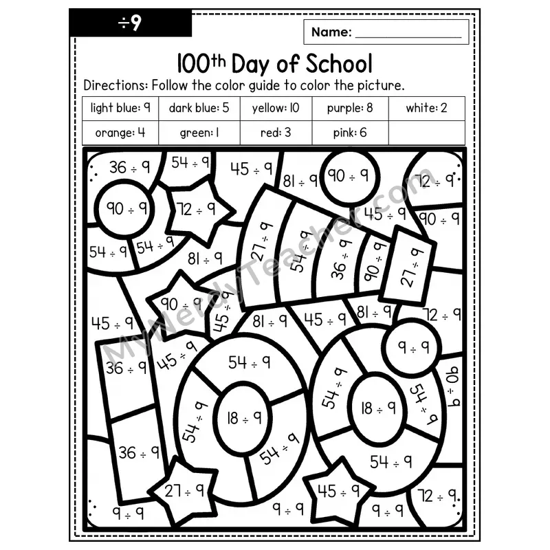Division Color by Number — ÷9 — 100th Day of School (Page 6)