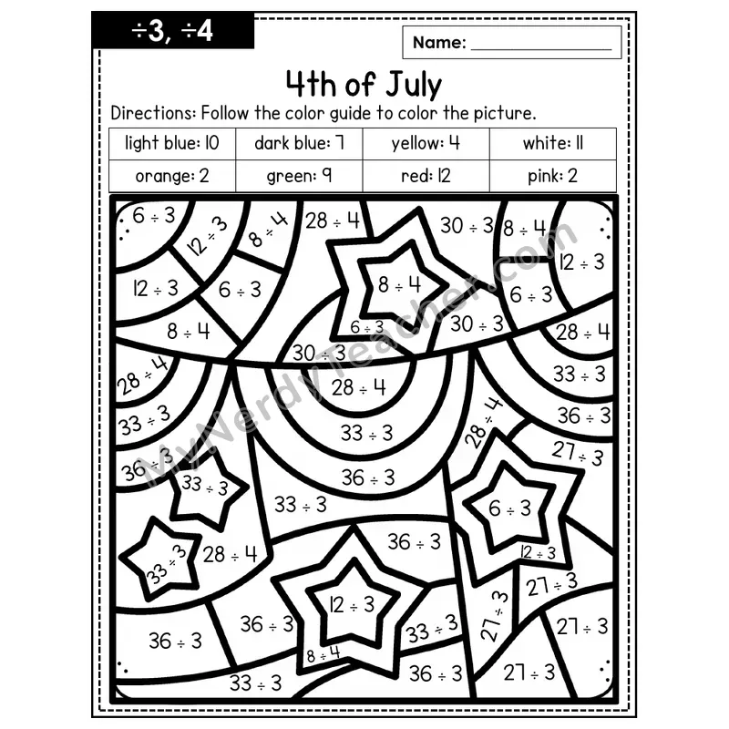Division Color by Number — ÷3, ÷4 — 4th of July (Page 2)