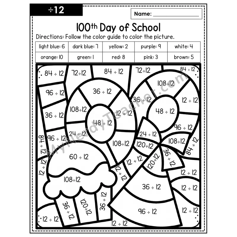 Division Color by Number — ÷12 — 100th Day of School (Page 8)