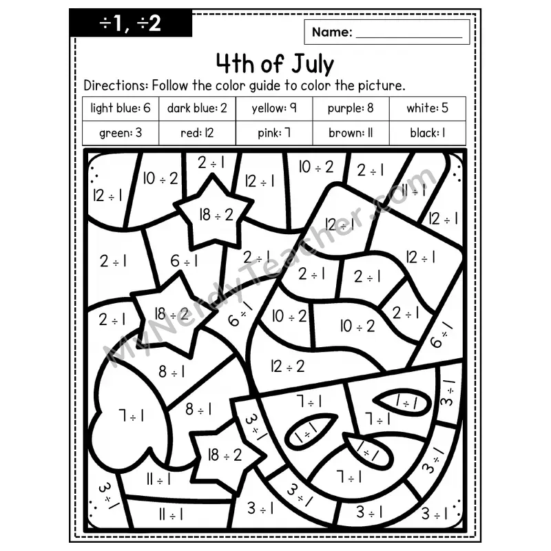 Division Color by Number — ÷1, ÷2 — 4th of July (Page 1)