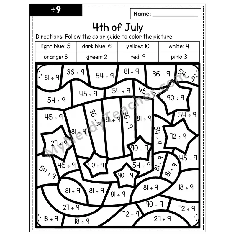 Division Color by Number — ÷9 — 4th of July (Page 6)