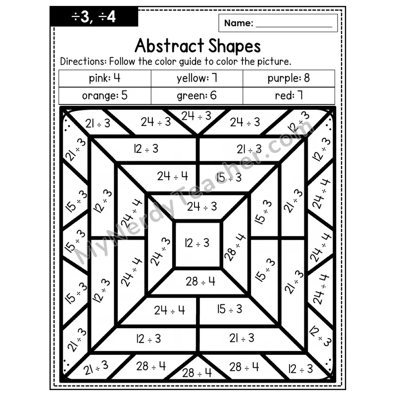 Division Color by Number — ÷3, ÷4 — Abstract Shapes (Page 2)