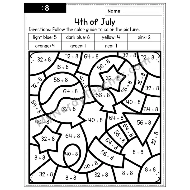 Division Color by Number — ÷8 — 4th of July (Page 5)