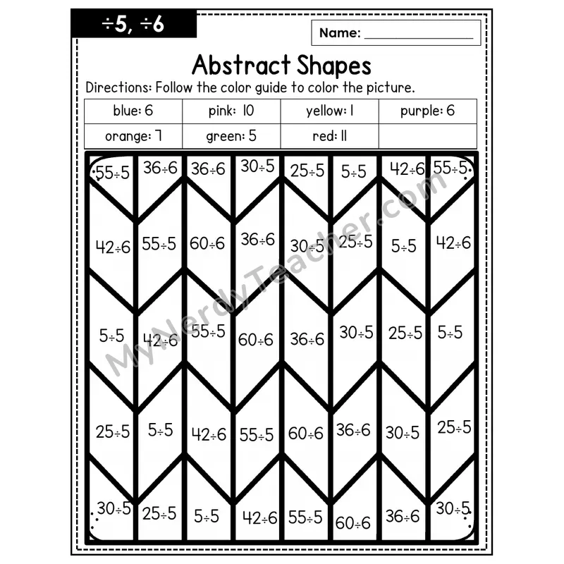 Division Color by Number — ÷5, ÷6 — Abstract Shapes (Page 3)