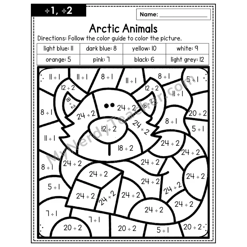 Division Color by Number — ÷1, ÷2 — Arctic Animals (Page 1)