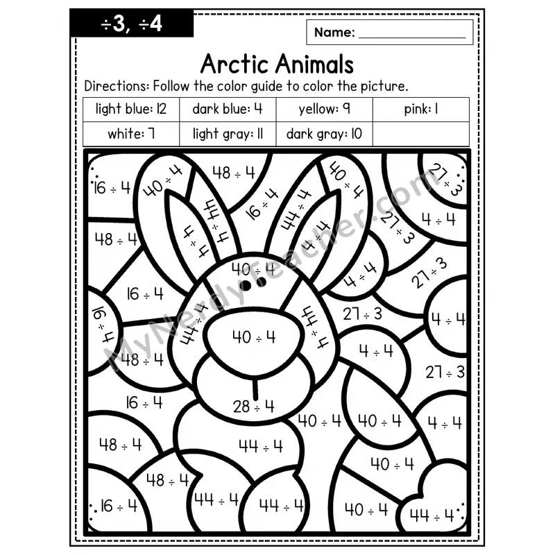 Division Color by Number — ÷3, ÷4 — Arctic Animals (Page 2)