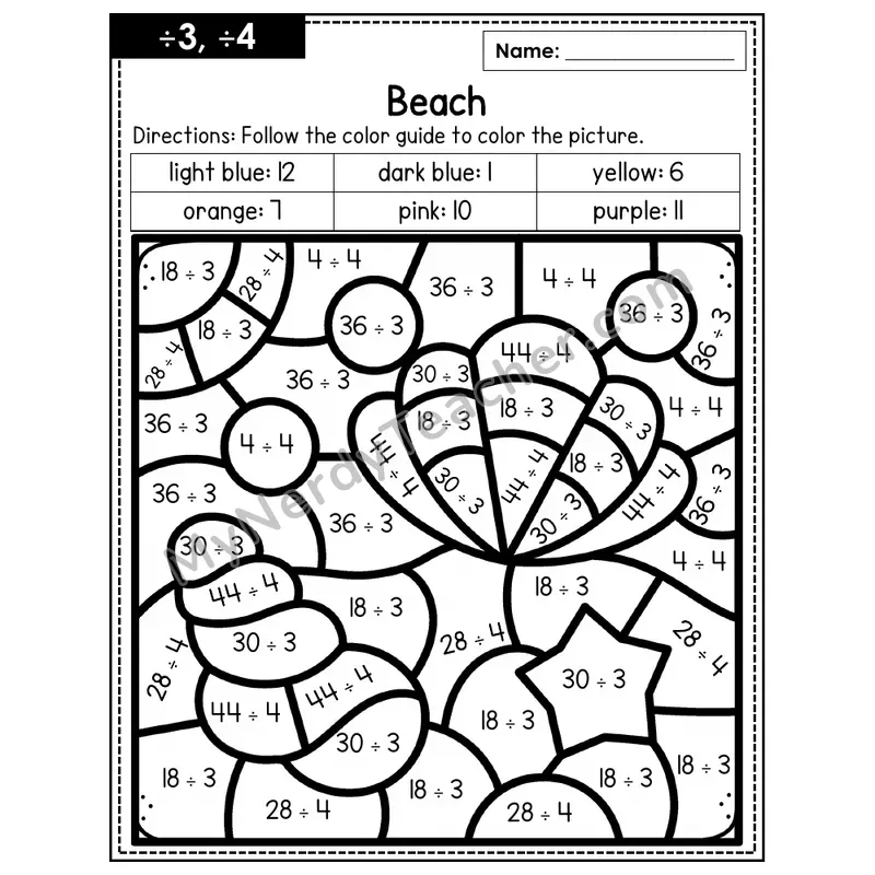 Division Color by Number — ÷3, ÷4 — Beach (Page 2)