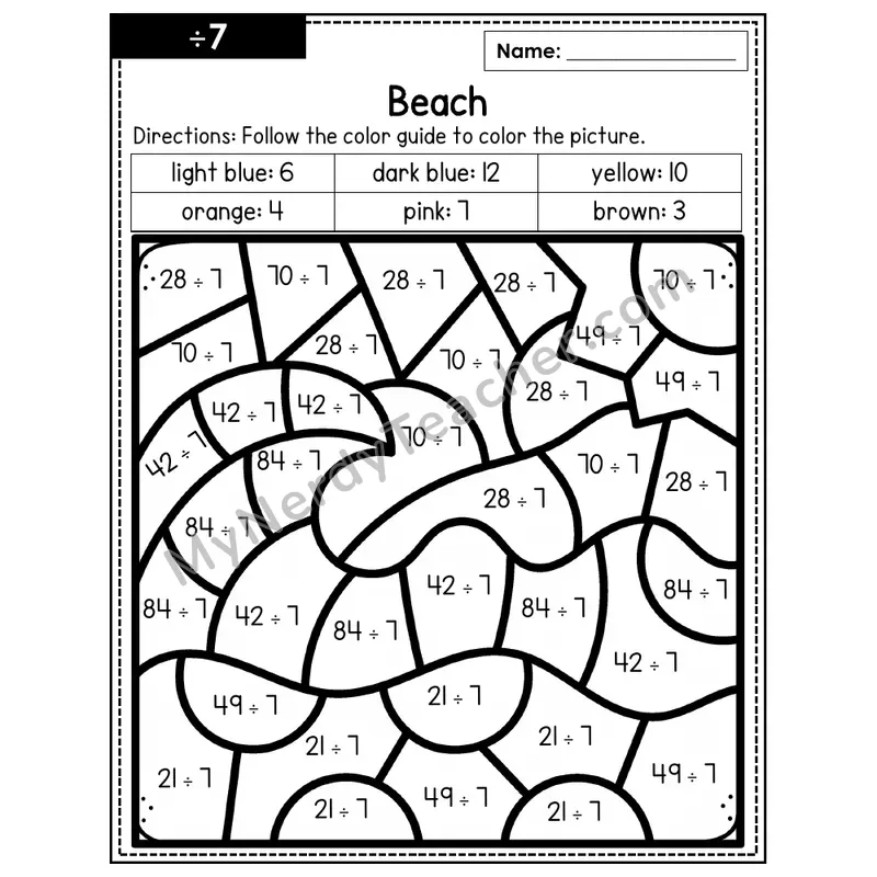 Division Color by Number — ÷7 — Beach (Page 4)