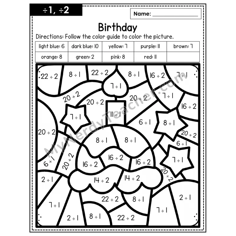 Division Color by Number — ÷1, ÷2 — Birthday (Page 1)