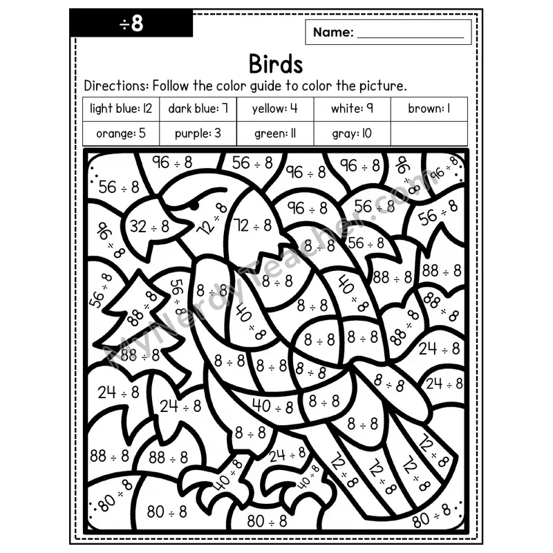 Division Color by Number — ÷8 — Birds (Page 5)