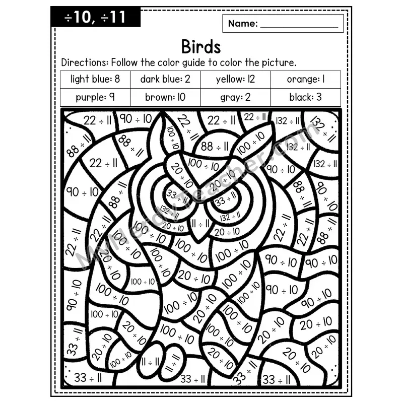 Division Color by Number — ÷10, ÷11 — Birds (Page 7)
