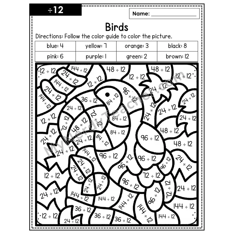 Division Color by Number — ÷12 — Birds (Page 8)