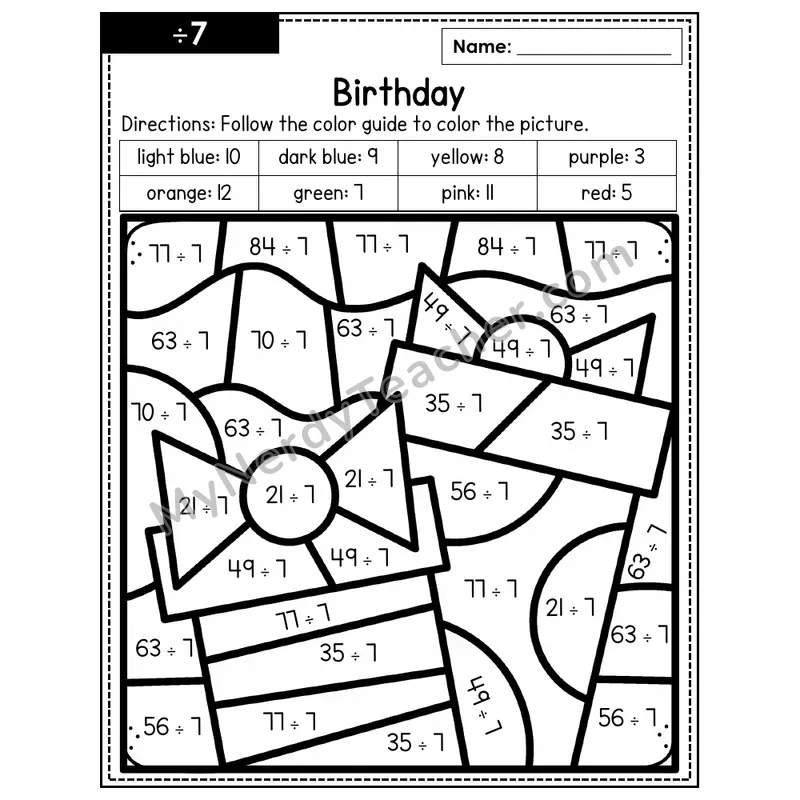 Division Color by Number — ÷7 — Birthday (Page 4)