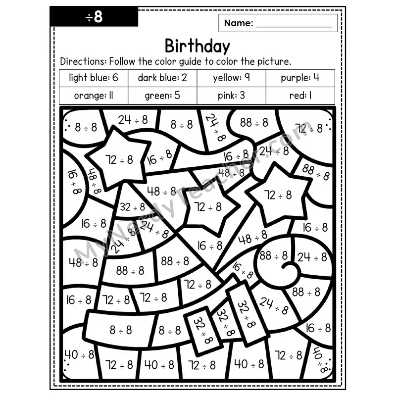 Division Color by Number — ÷8 — Birthday (Page 5)