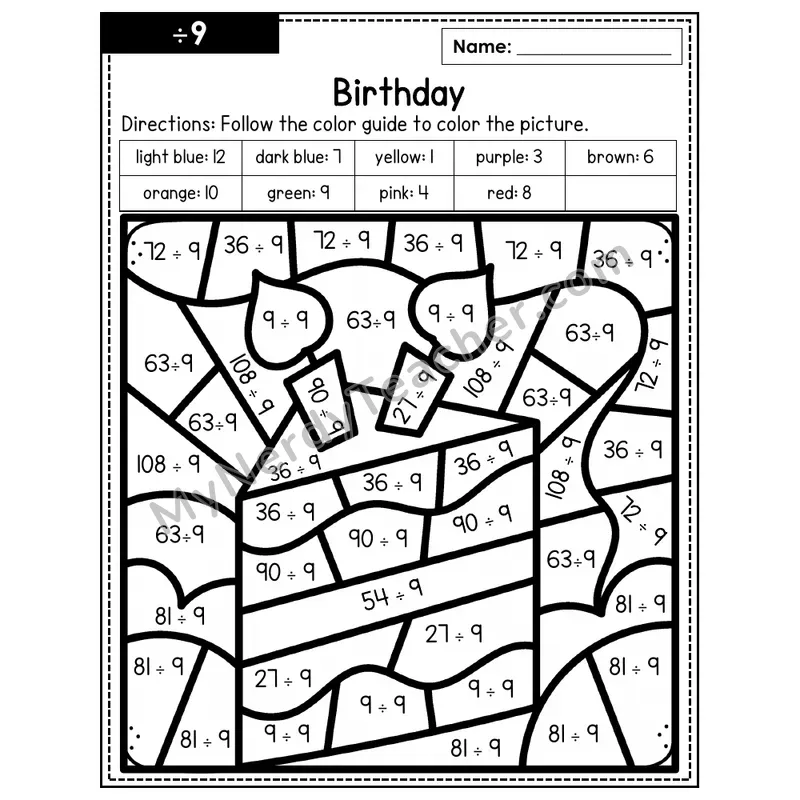 Division Color by Number — ÷9 — Birthday (Page 6)