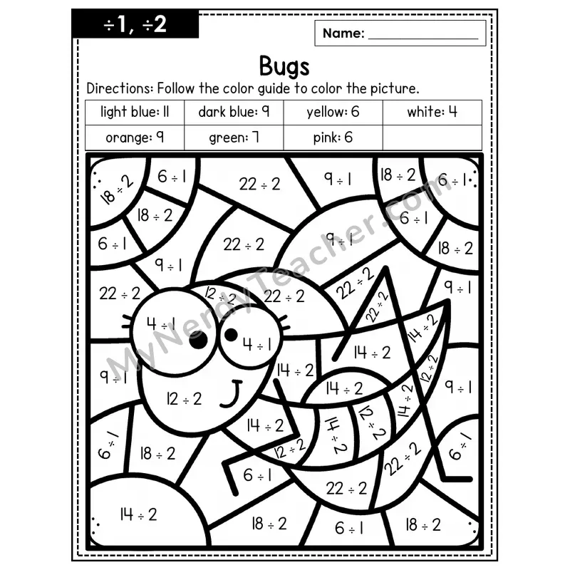 Division Color by Number — ÷1, ÷2 — Bugs (Page 1)