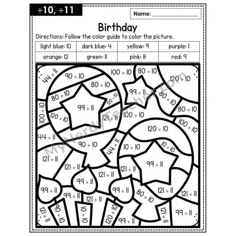 Division Color by Number — ÷10, ÷11 — Birthday (Page 7)
