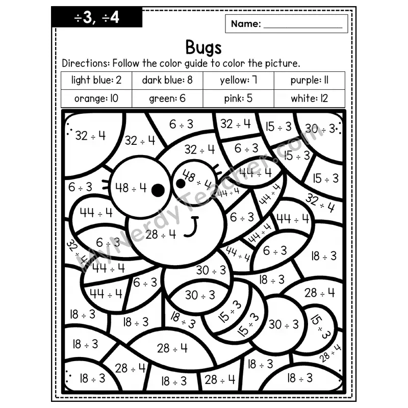 Division Color by Number — ÷3, ÷4 — Bugs (Page 2)