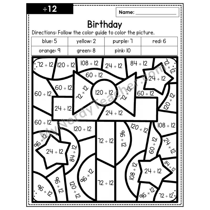 Division Color by Number — ÷12 — Birthday (Page 8)