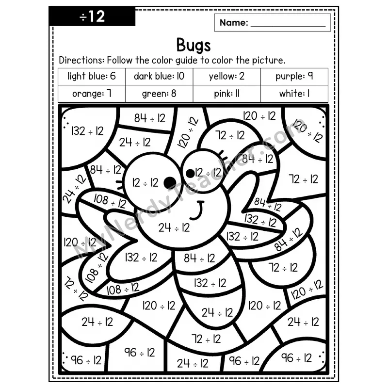 Division Color by Number — ÷12 — Bugs (Page 8)