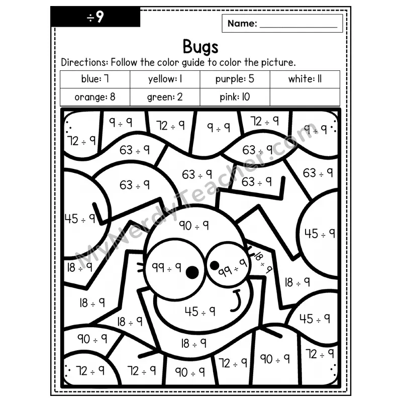 Division Color by Number — ÷9 — Bugs (Page 6)