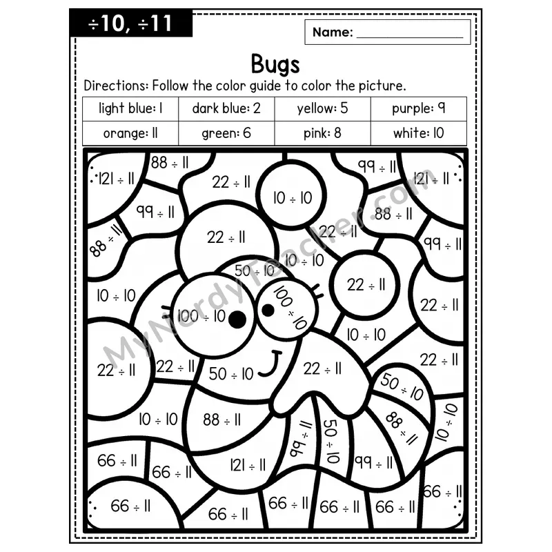 Division Color by Number — ÷10, ÷11 — Bugs (Page 7)