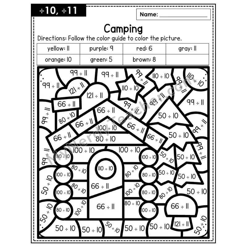 Division Color by Number — ÷10, ÷11 — Camping (Page 7)