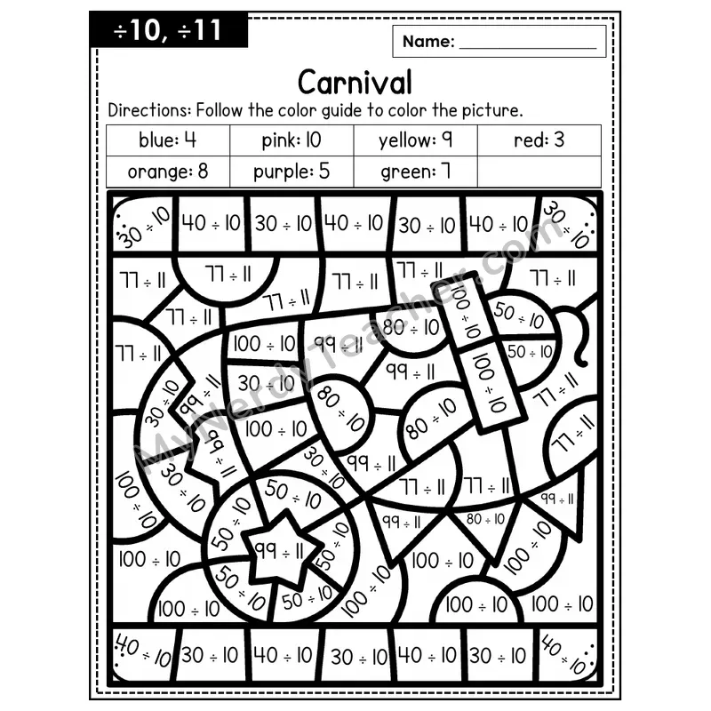 Division Color by Number — ÷10, ÷11 — Carnival (Page 7)