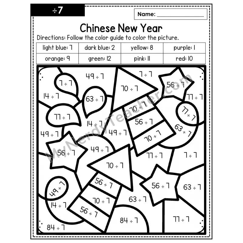 Division Color by Number — ÷7 — Chinese New Year (Page 4)
