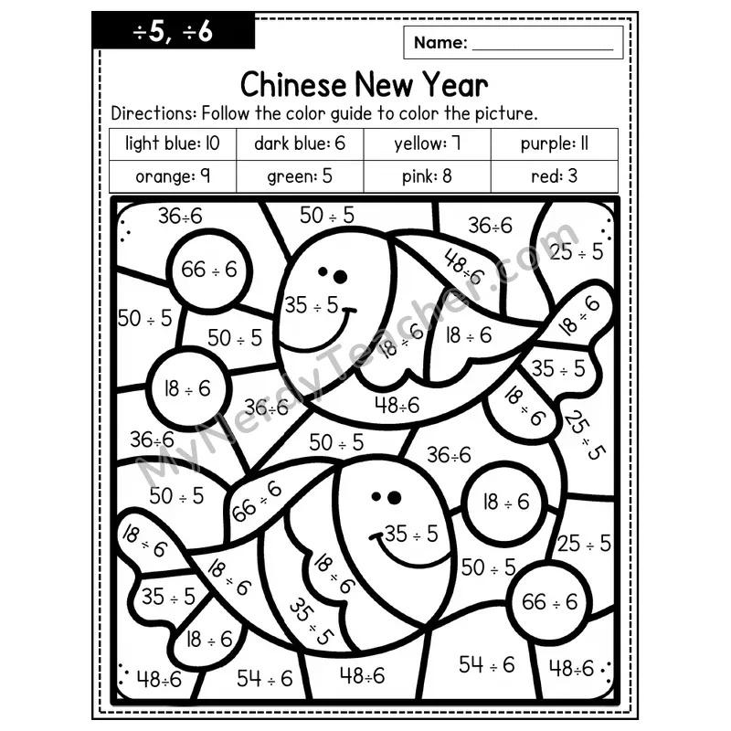 Division Color by Number — ÷5, ÷6 — Chinese New Year (Page 3)