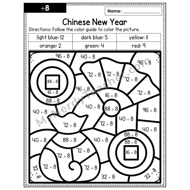 Division Color by Number — ÷8 — Chinese New Year (Page 5)