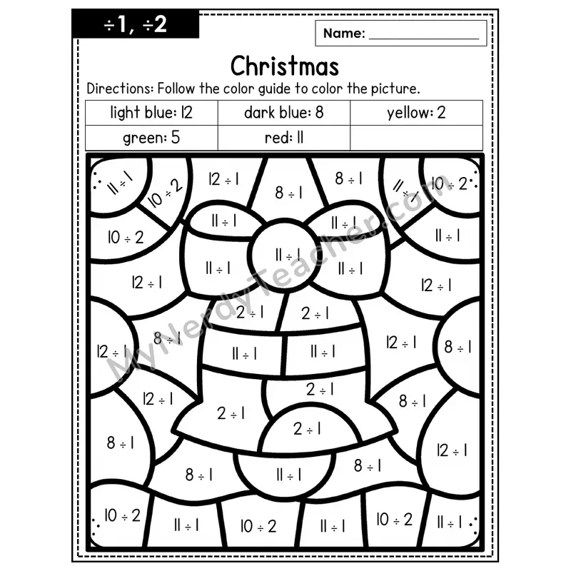 Division Color by Number — ÷1, ÷2 — Christmas (Page 1)