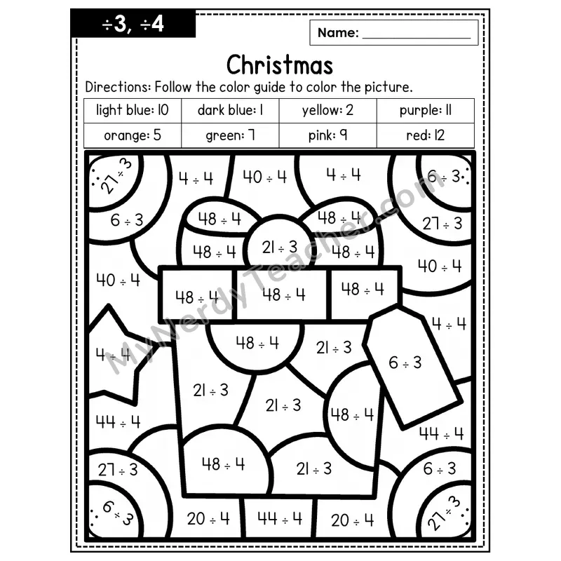 Division Color by Number — ÷3, ÷4 — Christmas (Page 2)