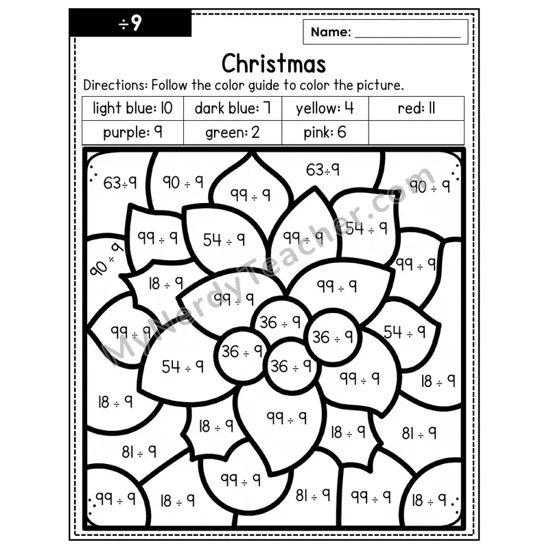 Division Color by Number — ÷9 — Christmas (Page 6)