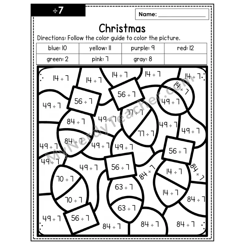 Division Color by Number — ÷7 — Christmas (Page 4)