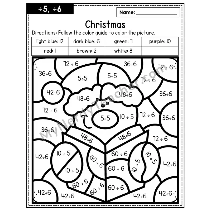Division Color by Number — ÷5, ÷6 — Christmas (Page 3)