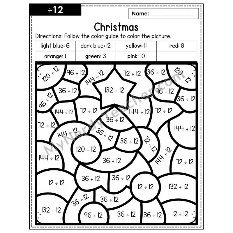 Division Color by Number — ÷12 — Christmas (Page 9)
